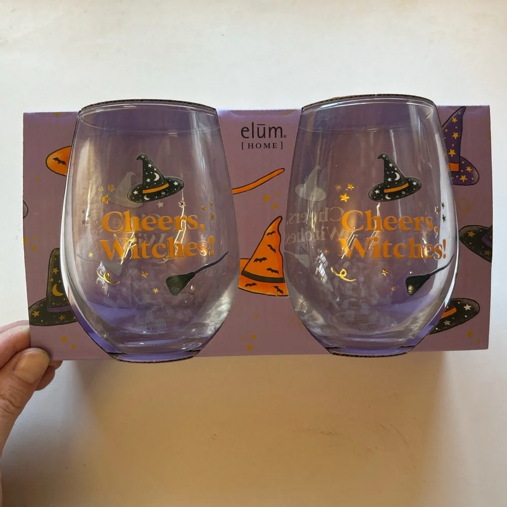 Cheers, Witches! Halloween Stemless Wine Glasses -‎ Set of 2 (Purple/Orange)